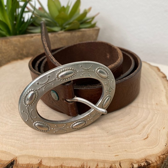 Accessories - Womens Brown Genuine Leather Embossed Western Belt Silver Oval Buckle M USA